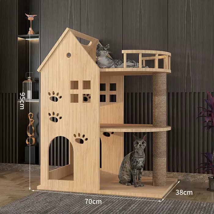 Arbre à chat en bois massif intégré à une villa pour animaux de compagnie et un lit, maison pour ani