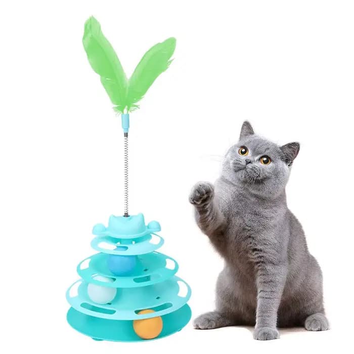 Jouet interactif pour chat : Tour de jeu avec boule tournante, piste à billes et plumes pour chatons