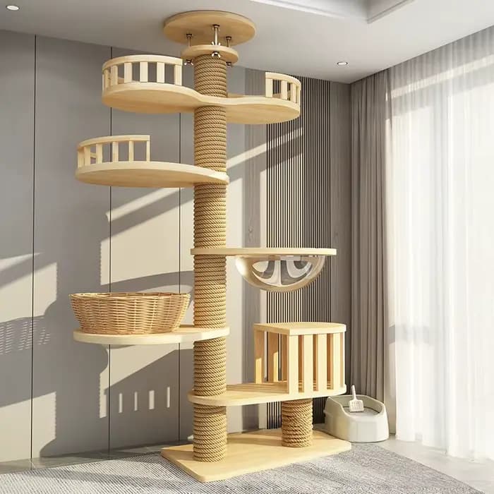 Arbre à chat moderne de luxe, robuste en bois, plateformes de saut multi-niveaux du sol au plafond, 