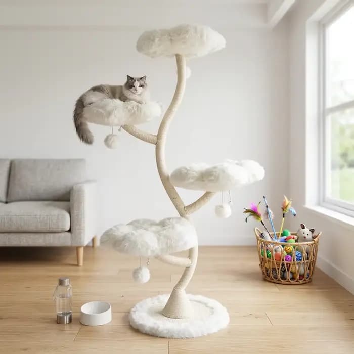 Arbre à chat multi-niveaux en rotin, structure d'escalade en bois massif, lit pour chat peu encombra