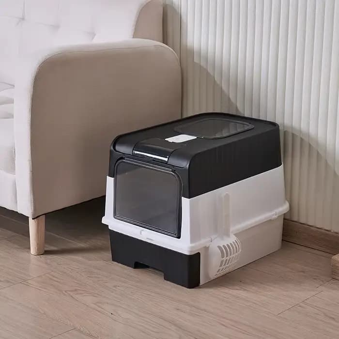 Bac à litière pour chat avec cuillère, grand bac à litière pliable avec couvercle, boîte pour chat d