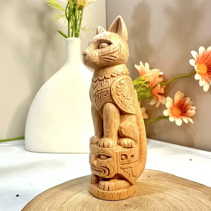 Statue de totem de chat en bois de 3,9 pouces, sculptée à la main, style tribal, adaptée à la décora