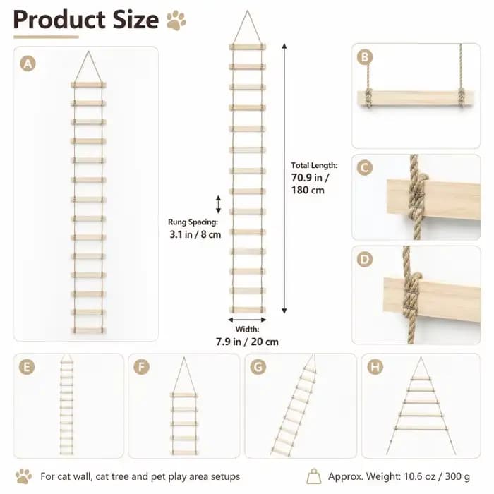 Échelle en corde pour chat en bois, pont suspendu pour arbre à chat, maison pour chat, étagère mural