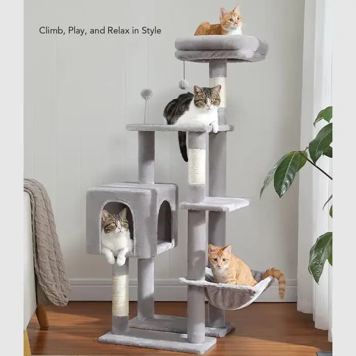 Grand condo pour chats d'intérieur, arbre à chat avec hamac, griffoirs, 2 perchoirs