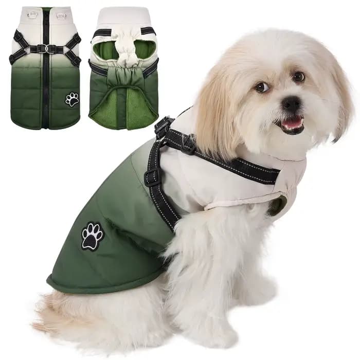 Veste d'hiver avec harnais pour chien, manteaux chauds à fermeture éclair au dos pour petits, moyens