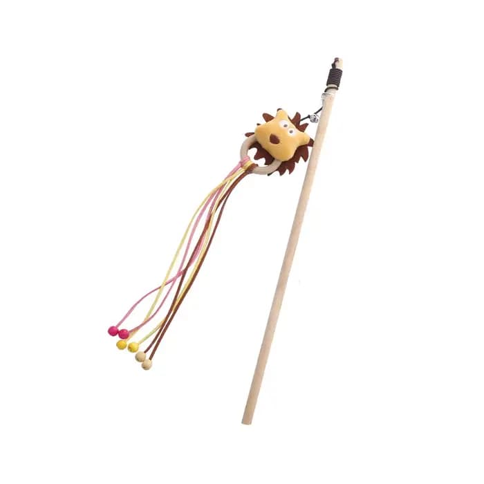 Jouet interactif en bois pour chat, bâtonnet en peluche mignon lion/chien avec clochette, longue tig