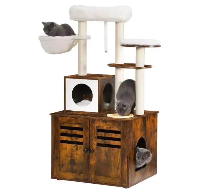 Boîte en bois pour arbre à chat, meubles d'intérieur tout-en-un avec grande plate-forme et hamac Con