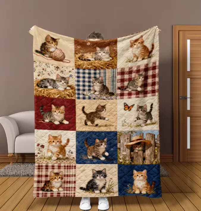 Couverture patchwork confortable pour chat avec des chats et des papillons, adaptée au lit, au canap
