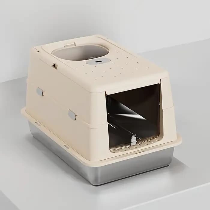 Nouvelle bac à litière pour chat en acier inoxydable avec couvercle rabattable, conception fermée, t