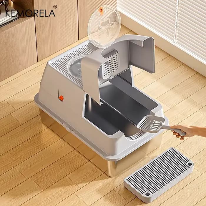 KEMORELA Bac à litière pour chat en acier inoxydable avec couvercle – Conception haute face fermée anti-odeur avec cuillère anti-fuite et facile à nettoyer