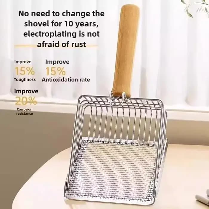 Pelle à litière pour chat avec manche en bois, pelle en métal avec crochet, outil de nettoyage portable en acier inoxydable pour toilettes de chatons, produits pour animaux de compagnie