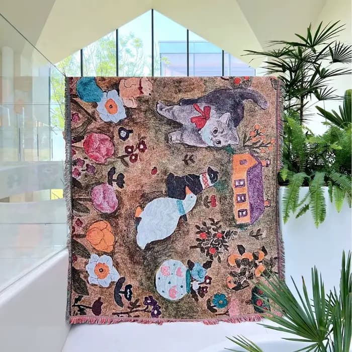 Couverture tapisserie fantaisie motif chat
