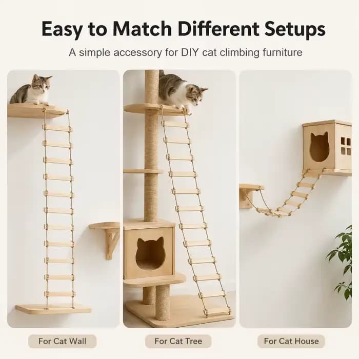 Pont-échelle pour chat en bois massif avec corde naturelle