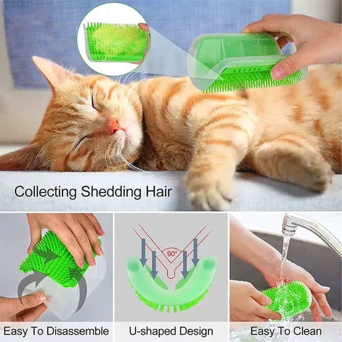 Brosse de massage et griffoir pour chat - Brosse d'angle anti-griffures avec herbe à chat, peigne démêlant pour animaux de compagnie pour l'élimination des poils et le toilettage