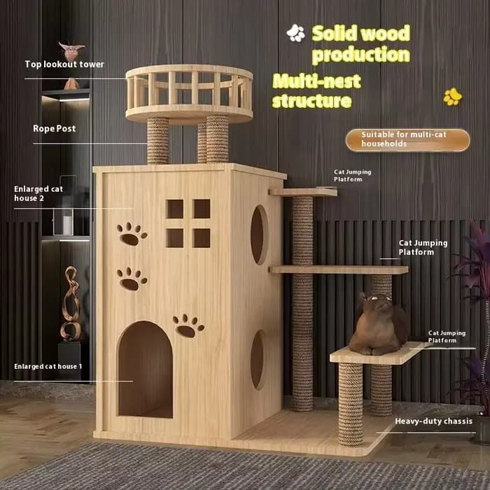Arbre à chat en bois massif intégré à une villa pour animaux de compagnie et un lit