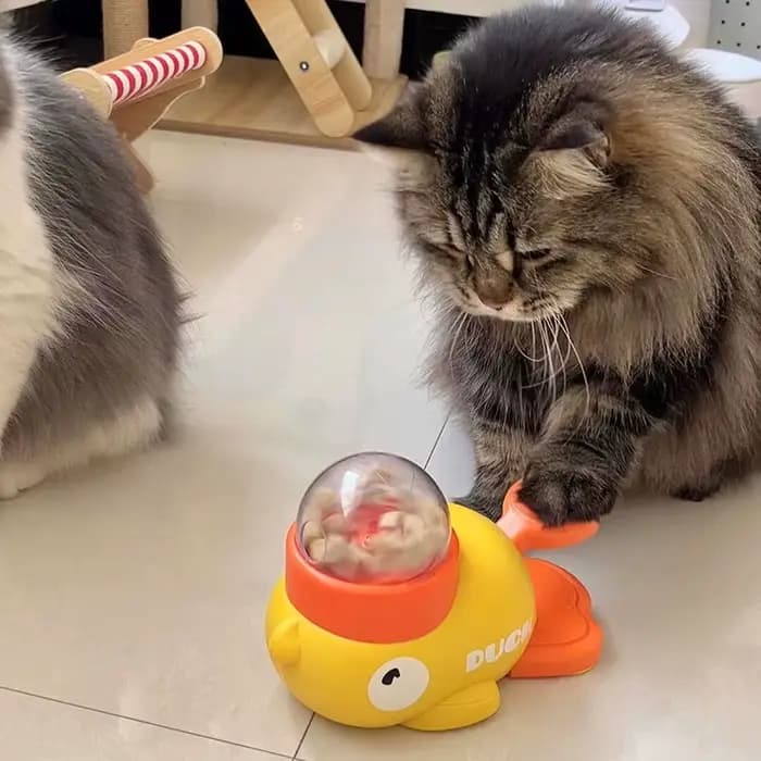Jouet interactif distributeur de nourriture en forme de canard jaune pour chats et chiens