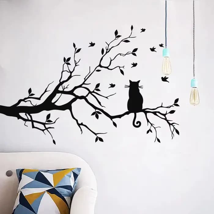 Autocollant mural chat sur branche d'arbre, salon, fond de canapé, chambre à coucher, décoration de la maison, autocollants animaux