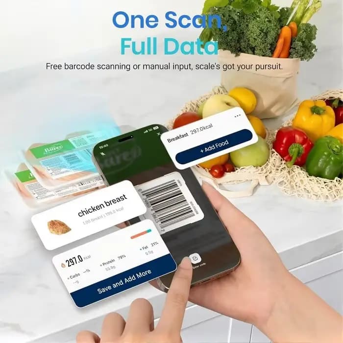 Balance alimentaire intelligente en acier inoxydable avec application gratuite et suivi de 19 nutriments