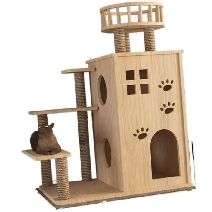 Arbre à chat en bois massif intégré à une villa pour animaux de compagnie et un lit