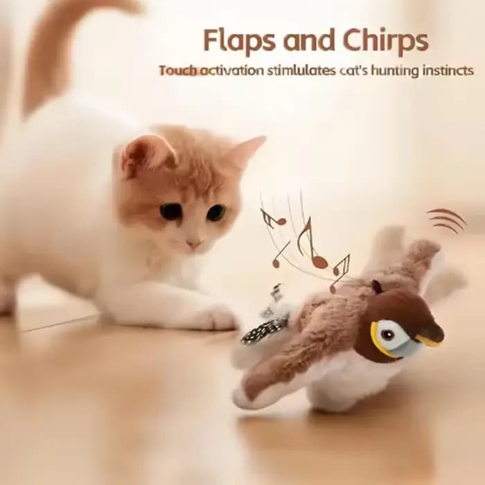 Jouet interactif pour chat et chien, oiseau qui chiaie et bat des ailes (non volant), jouet en peluche activé par le toucher pour animaux de compagnie