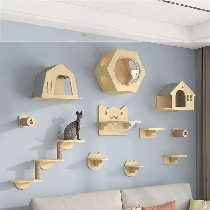Tour d'escalade en bois pour animaux de compagnie avec hamac