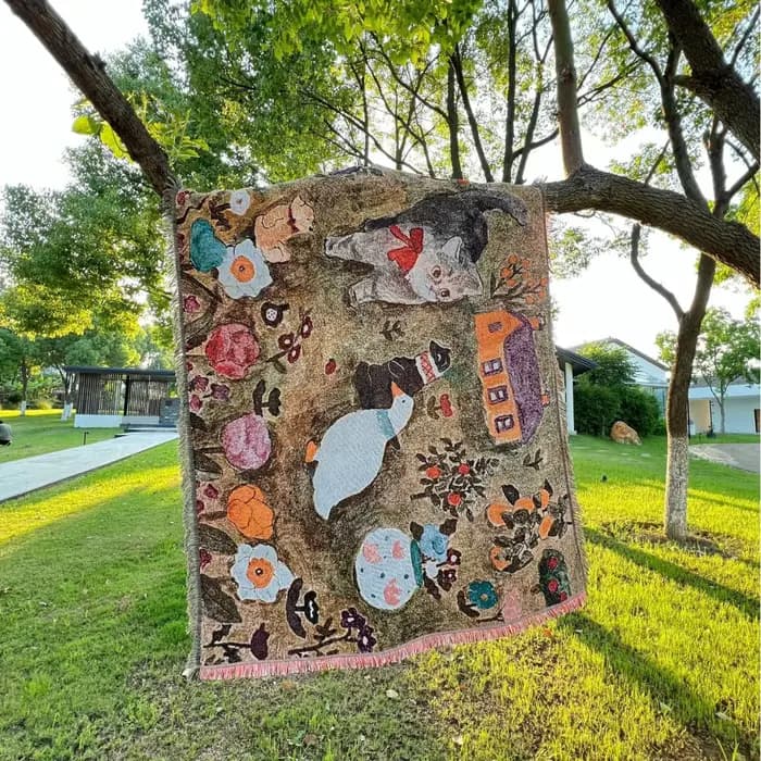 Couverture tapisserie fantaisie motif chat