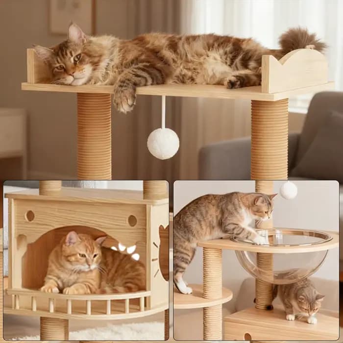 Arbre à chat en pin massif pour chats d'intérieur