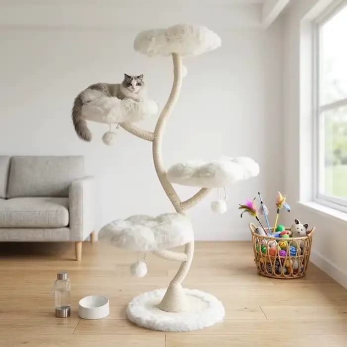 Arbre à chat multi-niveaux en rotin