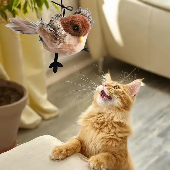 Jouet pour chat Flappy Bird Rechargeable télécommandé, moineau à battre interactif, activé par le contact, son de chirratation et herbe-aux-chats pour chats