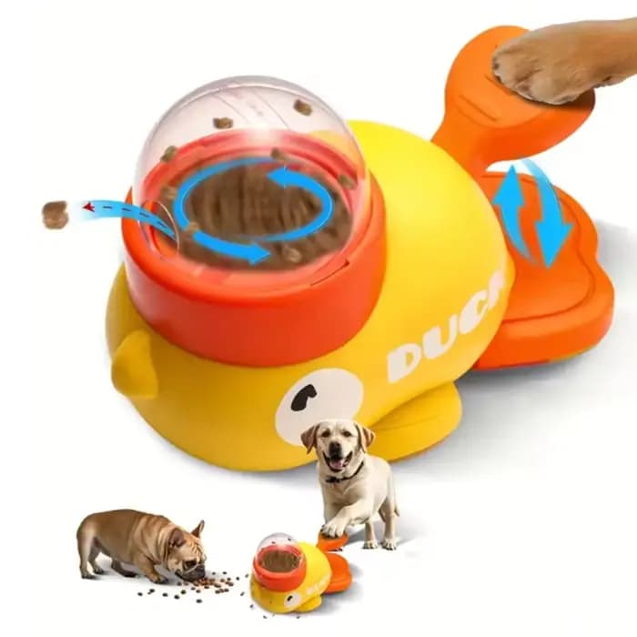 Jouet interactif distributeur de nourriture en forme de canard jaune pour chats et chiens