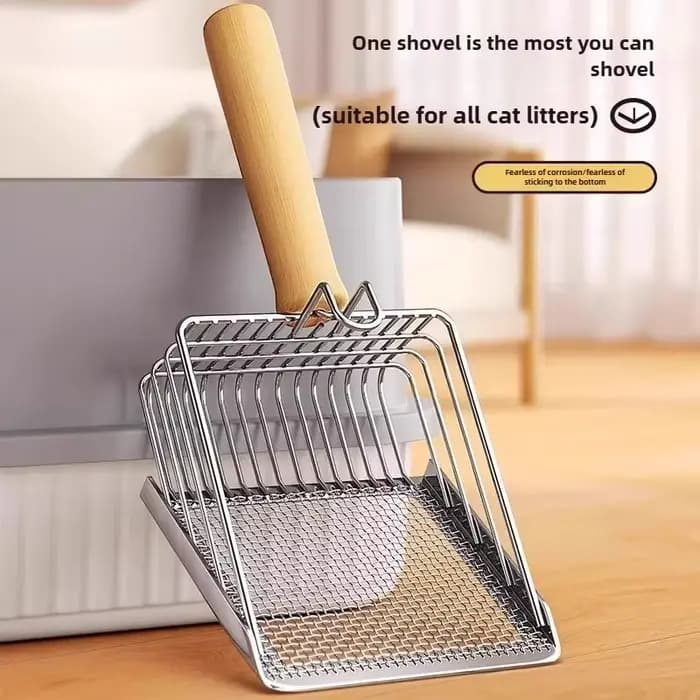 Pelle à litière pour chat avec manche en bois, pelle en métal avec crochet, outil de nettoyage portable en acier inoxydable pour toilettes de chaton, produits pour animaux de compagnie