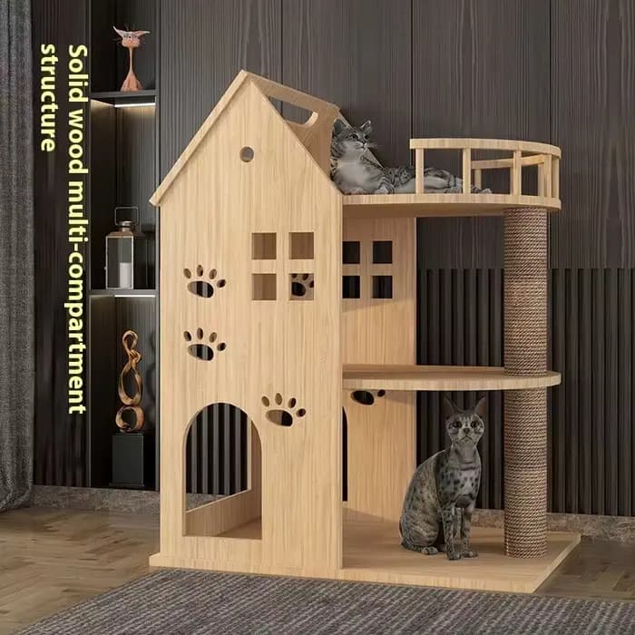 Arbre à chat en bois massif intégré à une villa pour animaux de compagnie et un lit