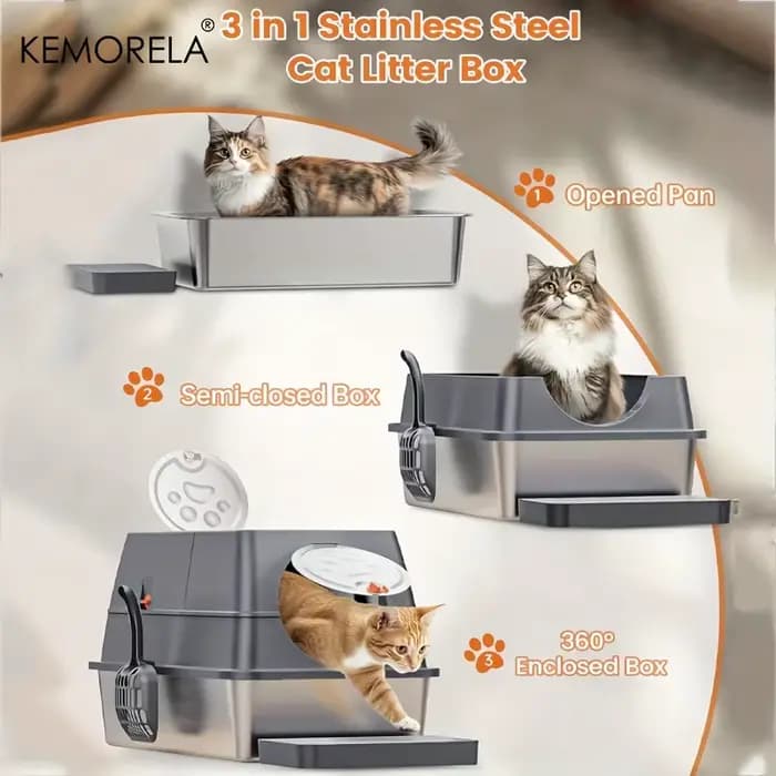 KEMORELA Bac à litière pour chat en acier inoxydable avec couvercle – Conception haute face fermée anti-odeur avec cuillère anti-fuite et facile à nettoyer