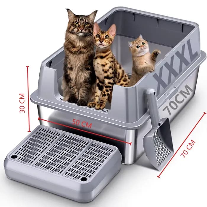 Bac à litière pour chat extra large en acier inoxydable XXL avec couvercle