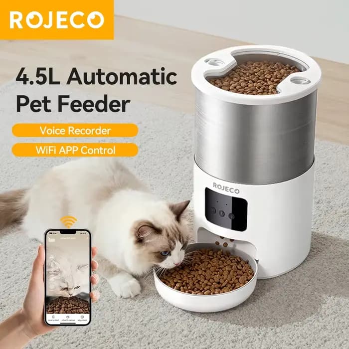 ROJECO acier inoxydable 4.5L mangeoire pour chats WiFi App télécommande enregistrement vocal distributeur de croquettes de chat intelligent pour accessoires pour animaux de compagnie de chien