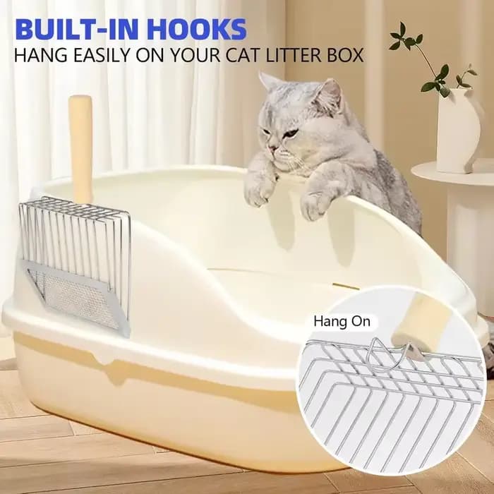 Pelle à litière pour chat avec manche en bois, pelle en métal avec crochet, outil de nettoyage portable en acier inoxydable pour toilettes de chaton, produits pour animaux de compagnie