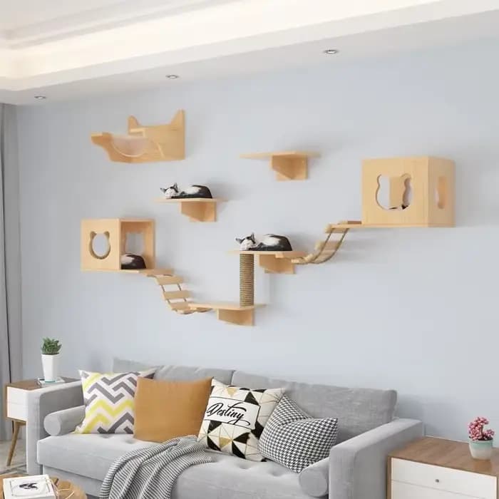 Arbre à chat mural en bois massif, étagère murale avec perchoir, condo, griffoir, capsule spatiale, lit pour chat, mobilier robuste pour animaux de compagnie