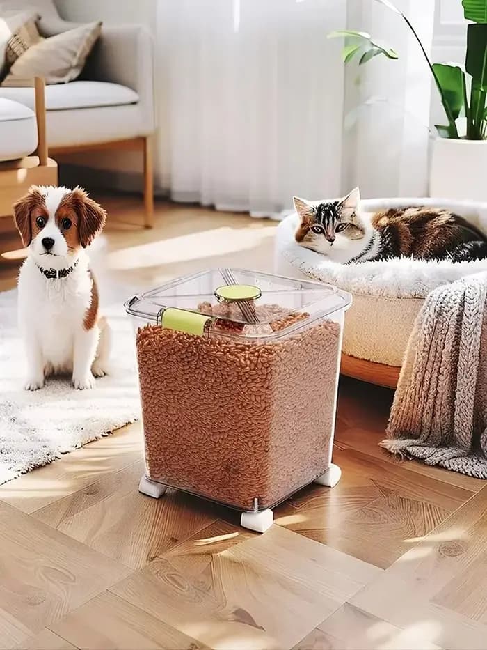 Récipient Transparent de stockage des aliments pour chiens et chats de grande capacité sur roulettes bac d'alimentation Mobile pour animaux de compagnie avec corps clair pour une visualisation facile