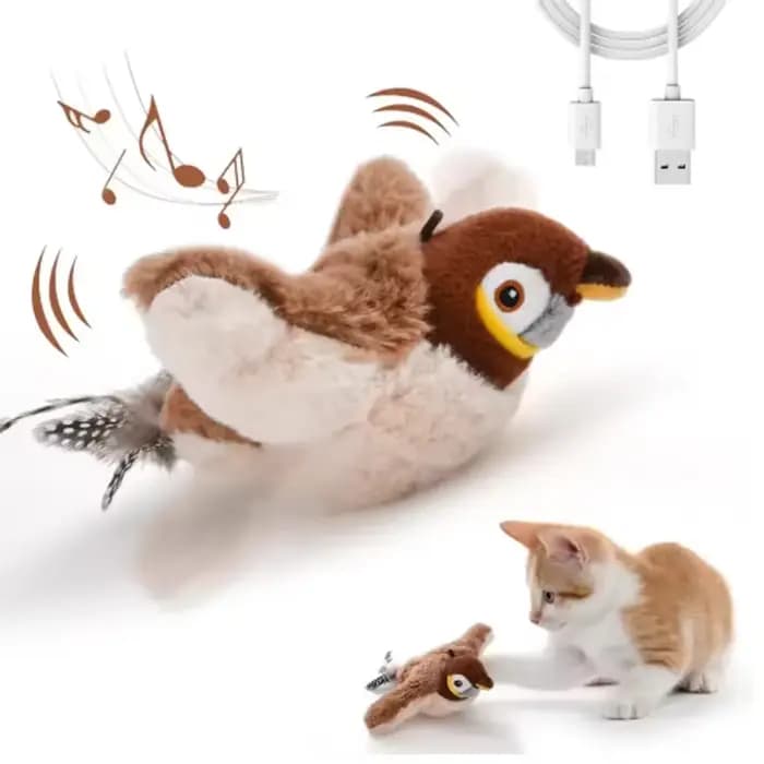 Jouet interactif pour chat et chien, oiseau qui chiaie et bat des ailes (non volant), jouet en peluche activé par le toucher pour animaux de compagnie