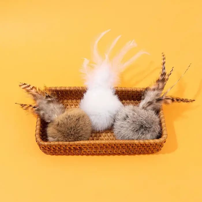 Jouets amusants pour chats en forme de sphère de fourrure de lapin, plumes interactives, jouets à mâcher pour les molaires, résistance aux morsures, jouet pour chiots et chatons, accessoires pour anim