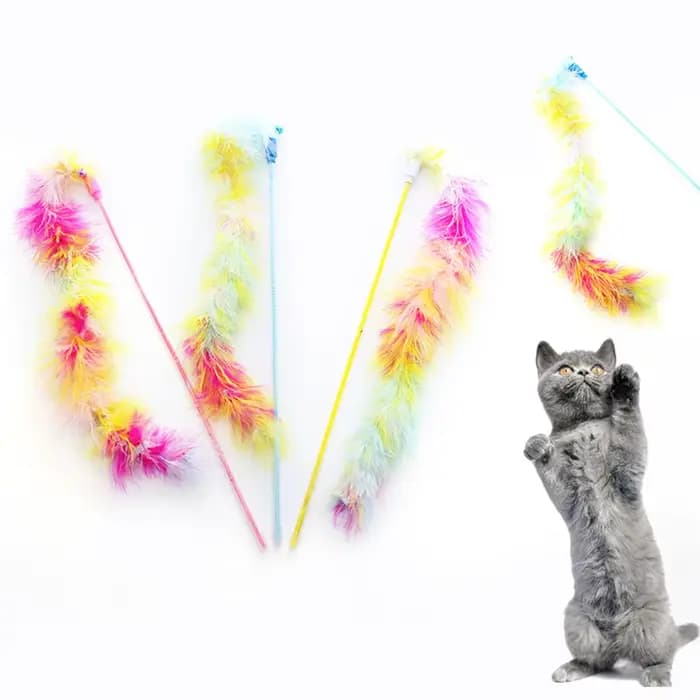 Baguette teaser pour chat en plumes arc-en-ciel, jouet interactif coloré pour chat, jeu amusant de chasse et de gonflage pour chatons et chats adultes,