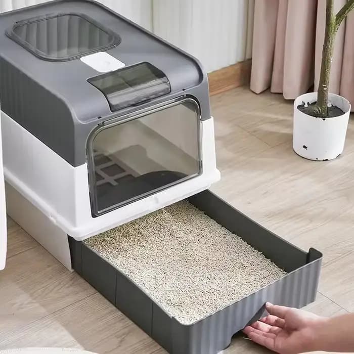 Grande litière pour chat pliable et fermée avec couvercle