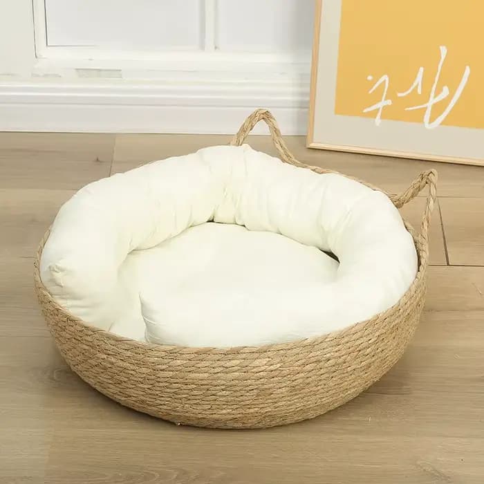 Panier-lit pour chat en rotin tressé d'été avec coussin moelleux