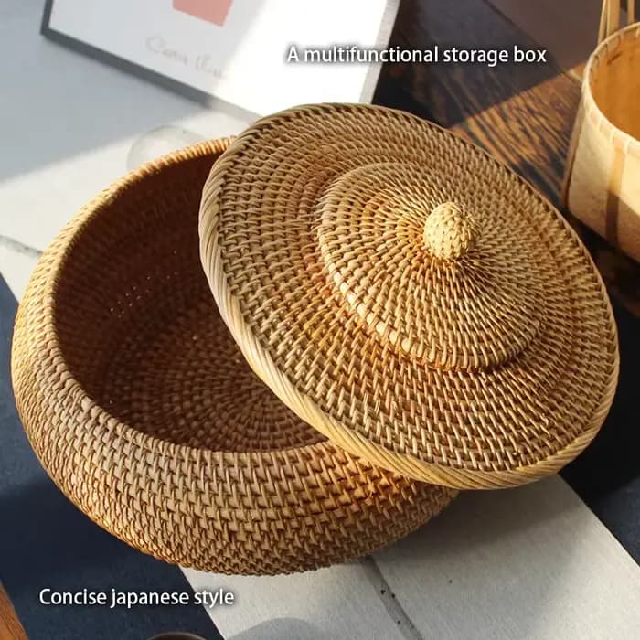 Boîte de rangement en rotin tissé à la main avec couvercle