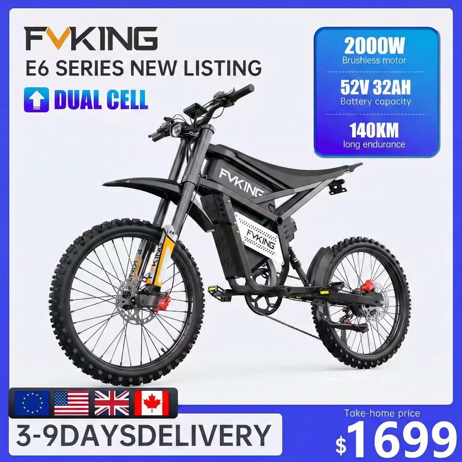 FVKING E6 vélo électrique adulte moteur de crête 2000W, équipé de 2 piles 52V35AH, moto électrique tout-terrain vitesse 60 km/H