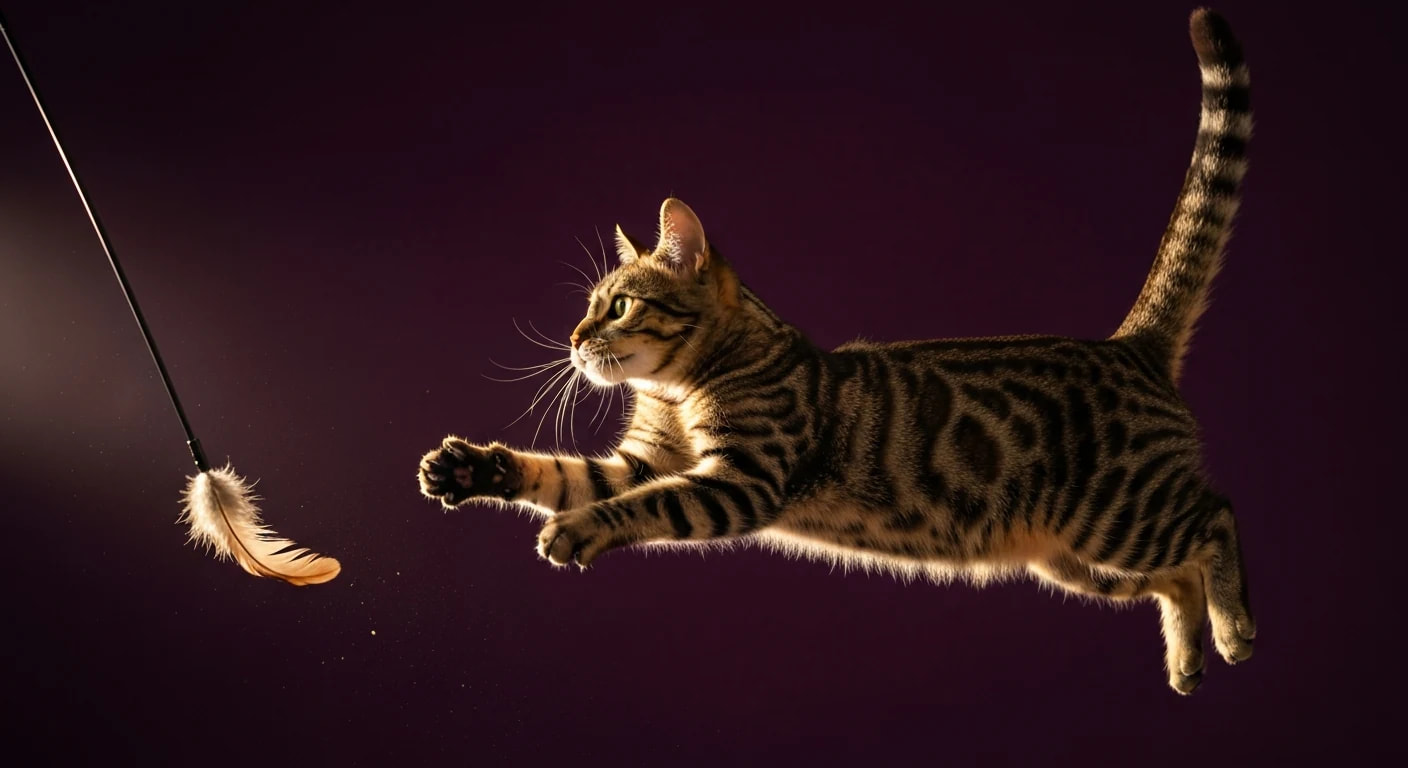 Chat tabby saisi en plein bond vers un plumier, lumière dorée