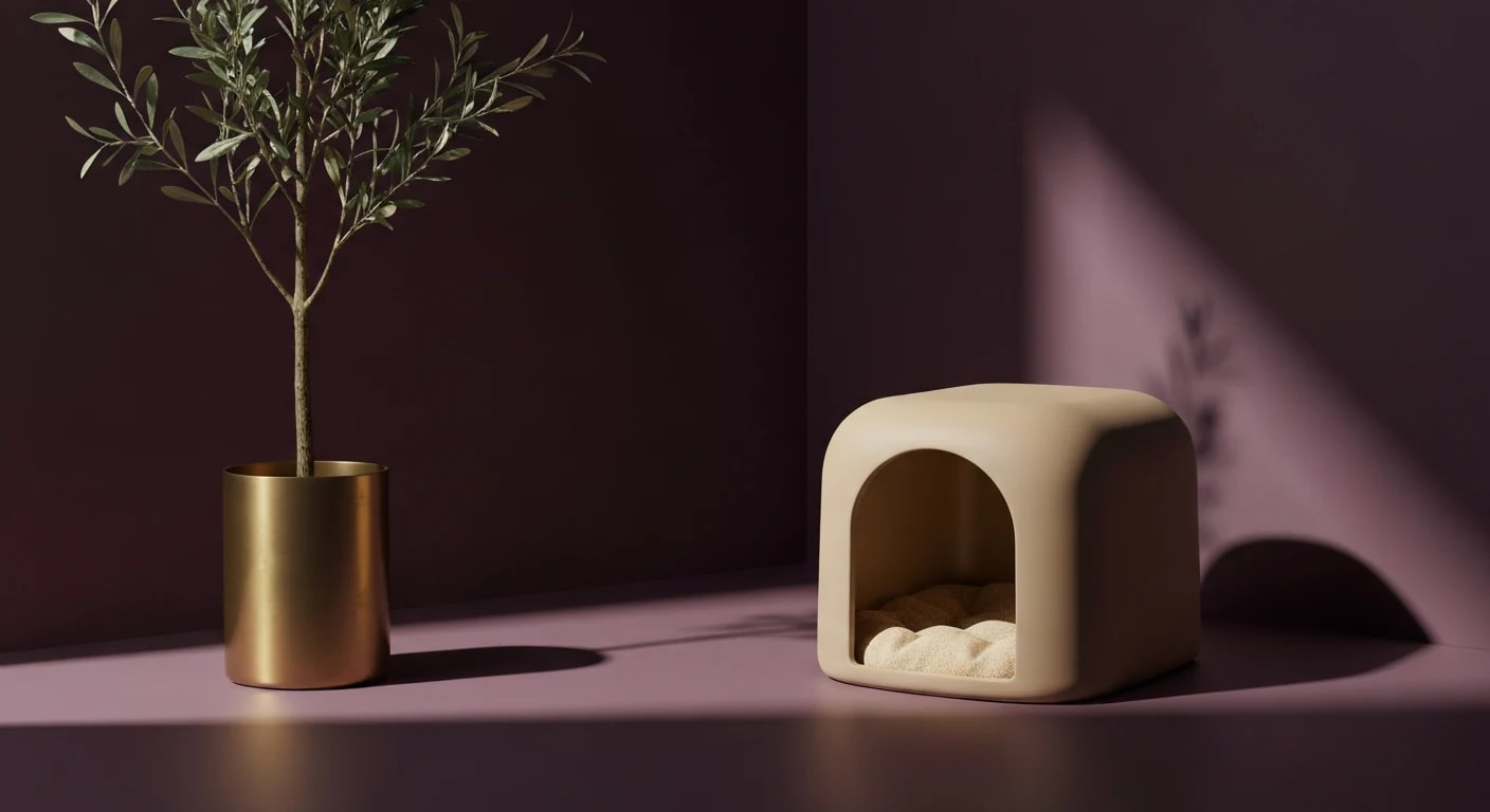 Bac à litière céramique sable, design minimal, intérieur prune