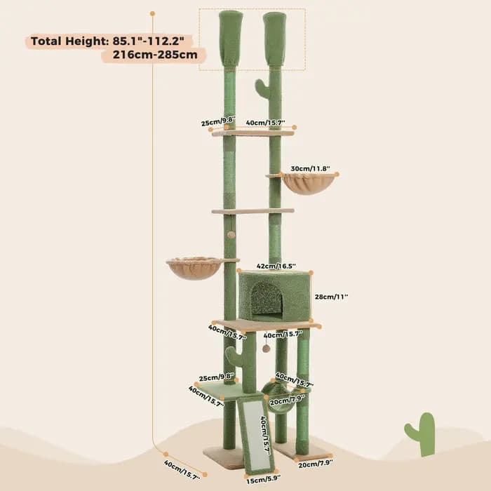 Arbre à chat Cactus du sol au plafond, tour à chat à 7 niveaux, arbre d'escalade pour chat avec hama