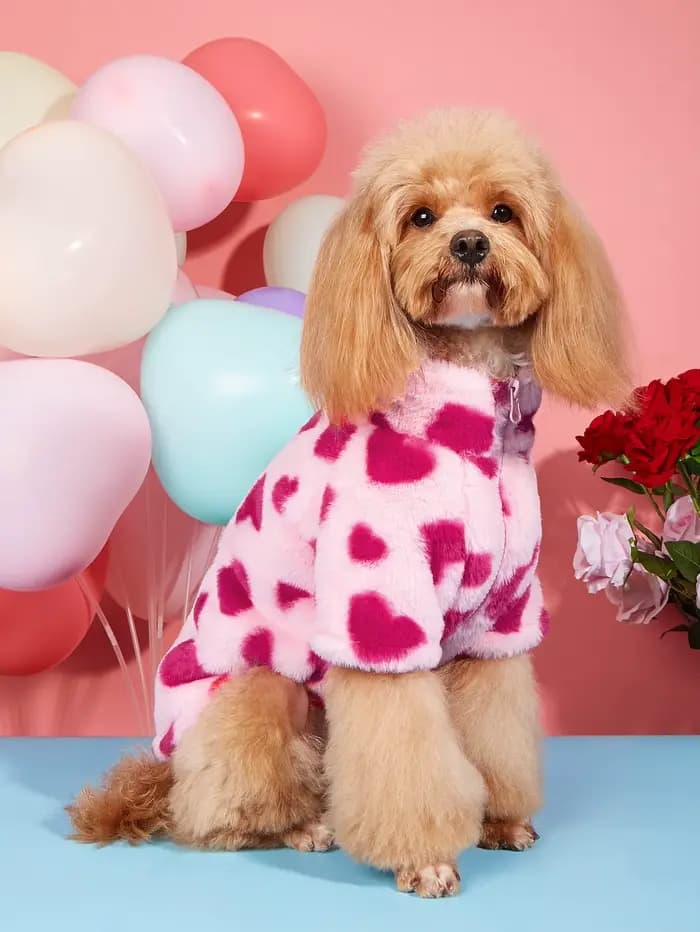 Veste d'hiver Super douce et chaude pour chien, imprimé cœur, en peluche, vêtements de vacances pour