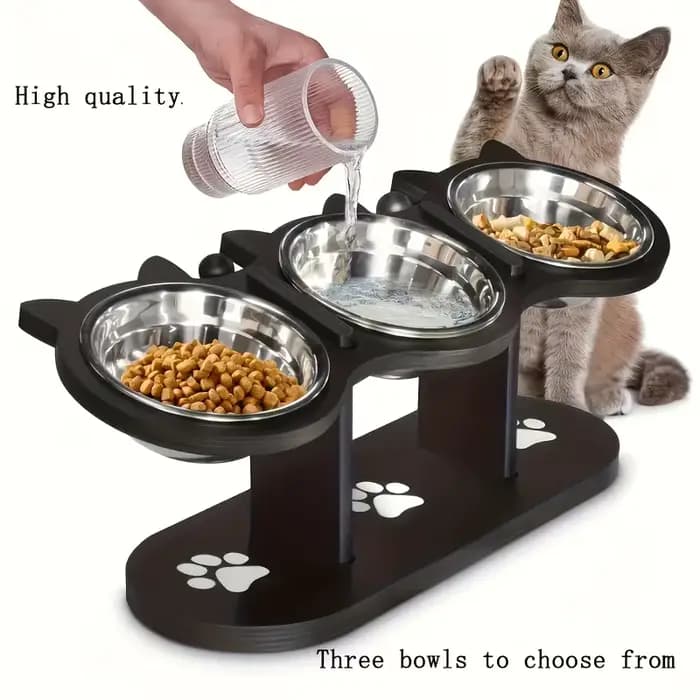 Bol pour chat surélevé à 3 niveaux avec supports en bois et acier inoxydable, support réglable à ang
